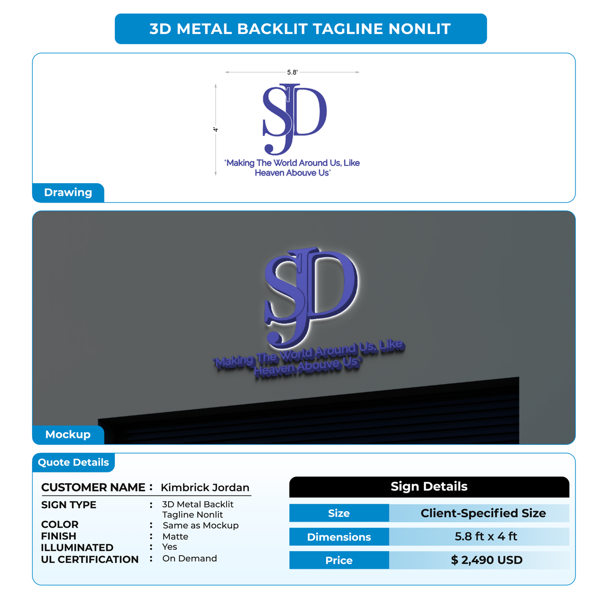 3D Metal Backlit tagline Nonlit Sign For Kimbrick Jordan