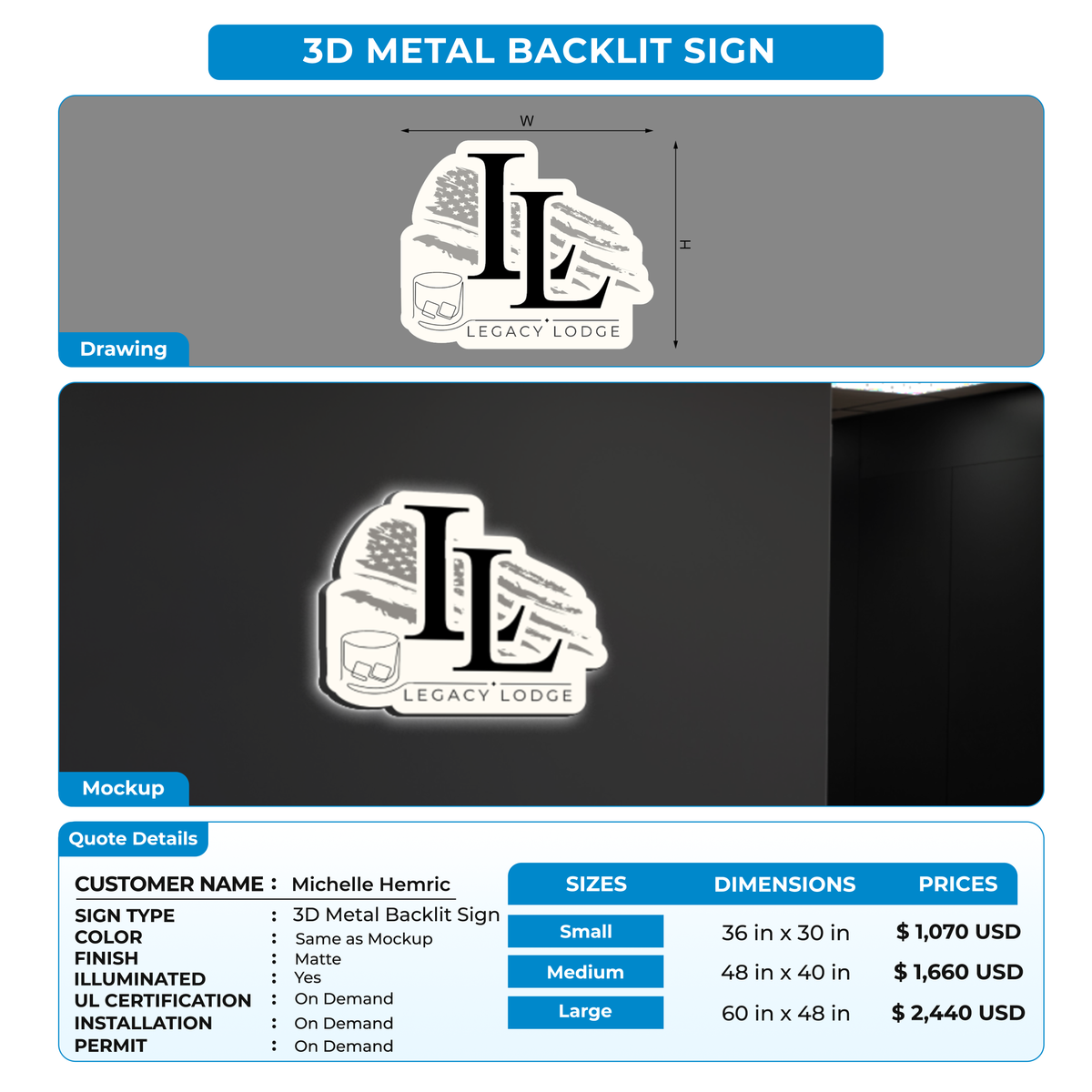 3d metal backlit for Michelle Hemric