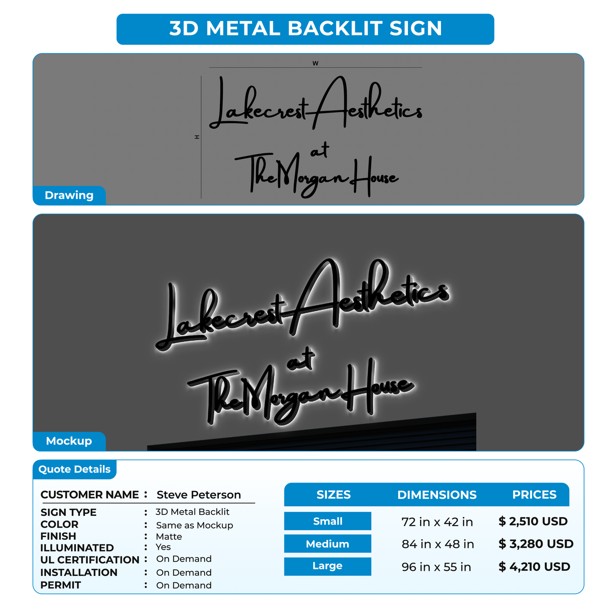 3d metal backlit sign for Steve Peterson