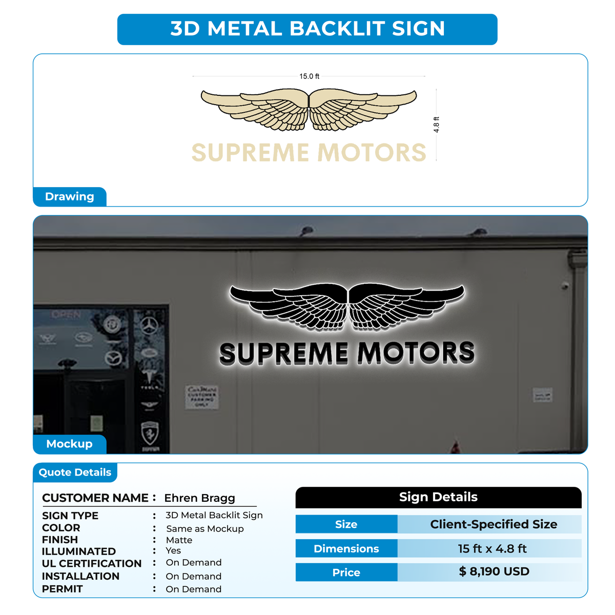 3D Metal Back-lit Signs For Ehren Bragg