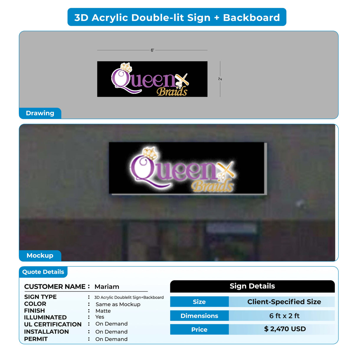 3D Acrylic Doublelit with backboard sign for Mariam