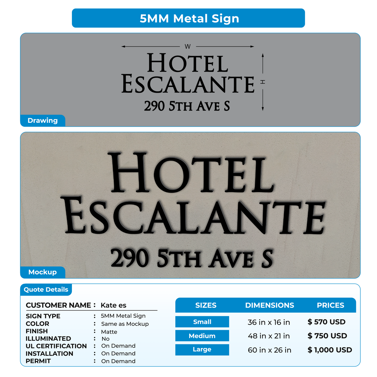 5mm metal sign for Kate es