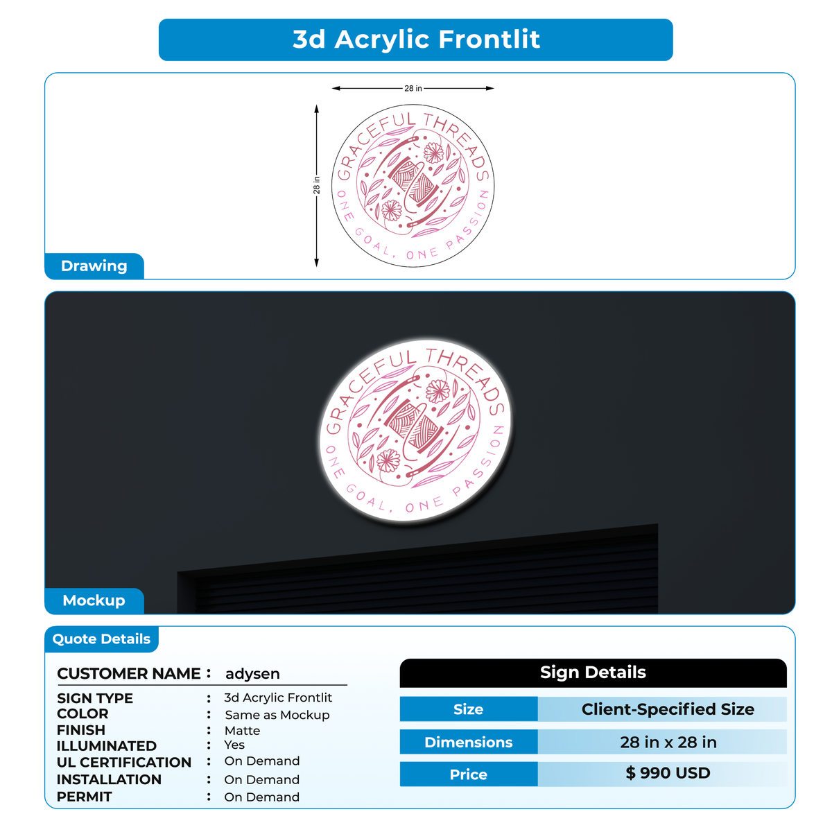 3d acrylic frontlit for adysen