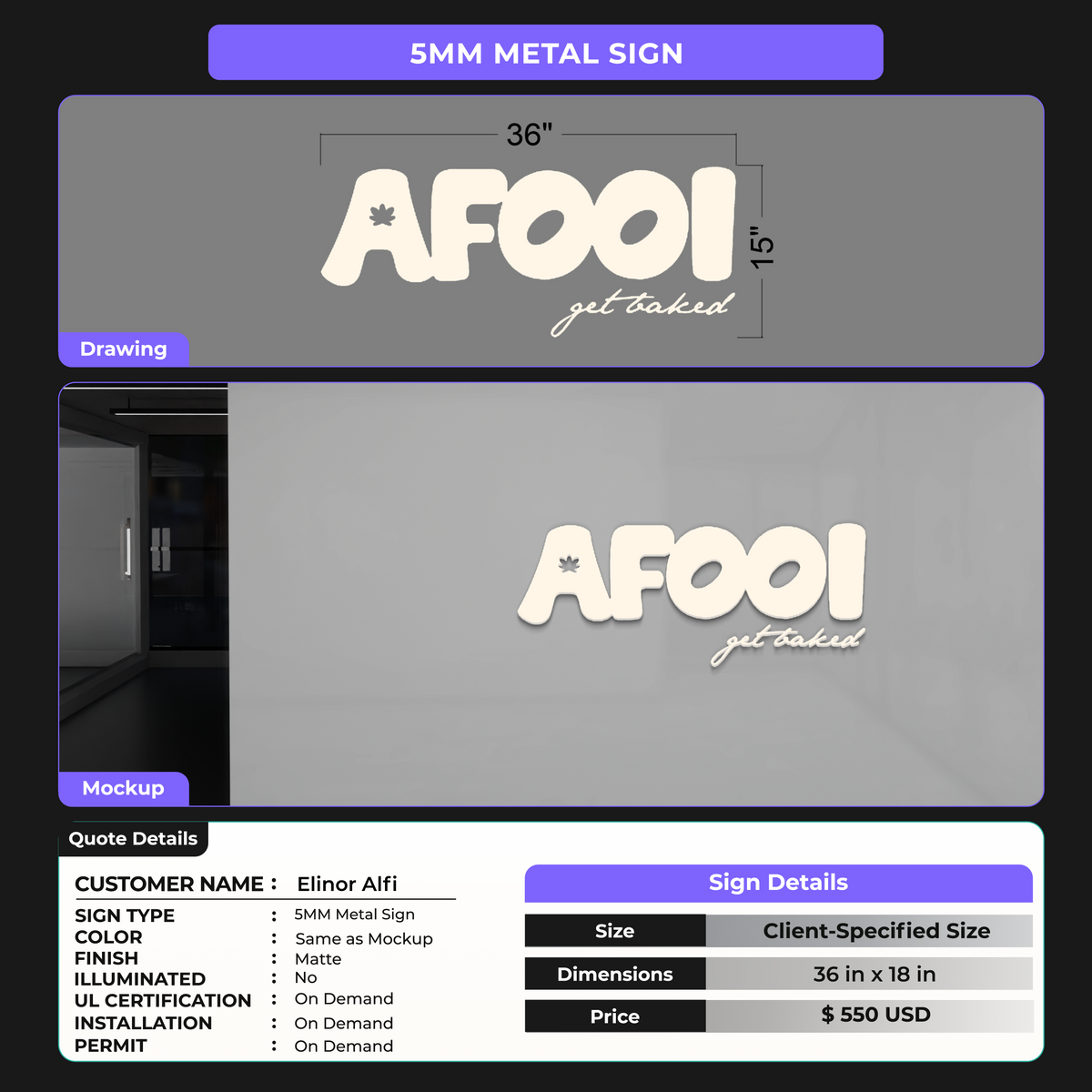 5mm Metal SIGN for Elinor Alfi