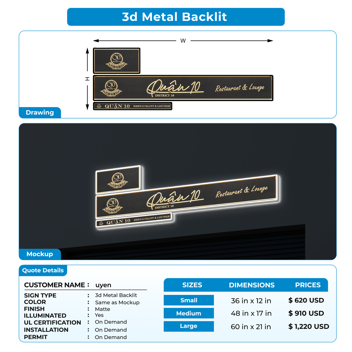 3D Metal Backlit Sign for uyen