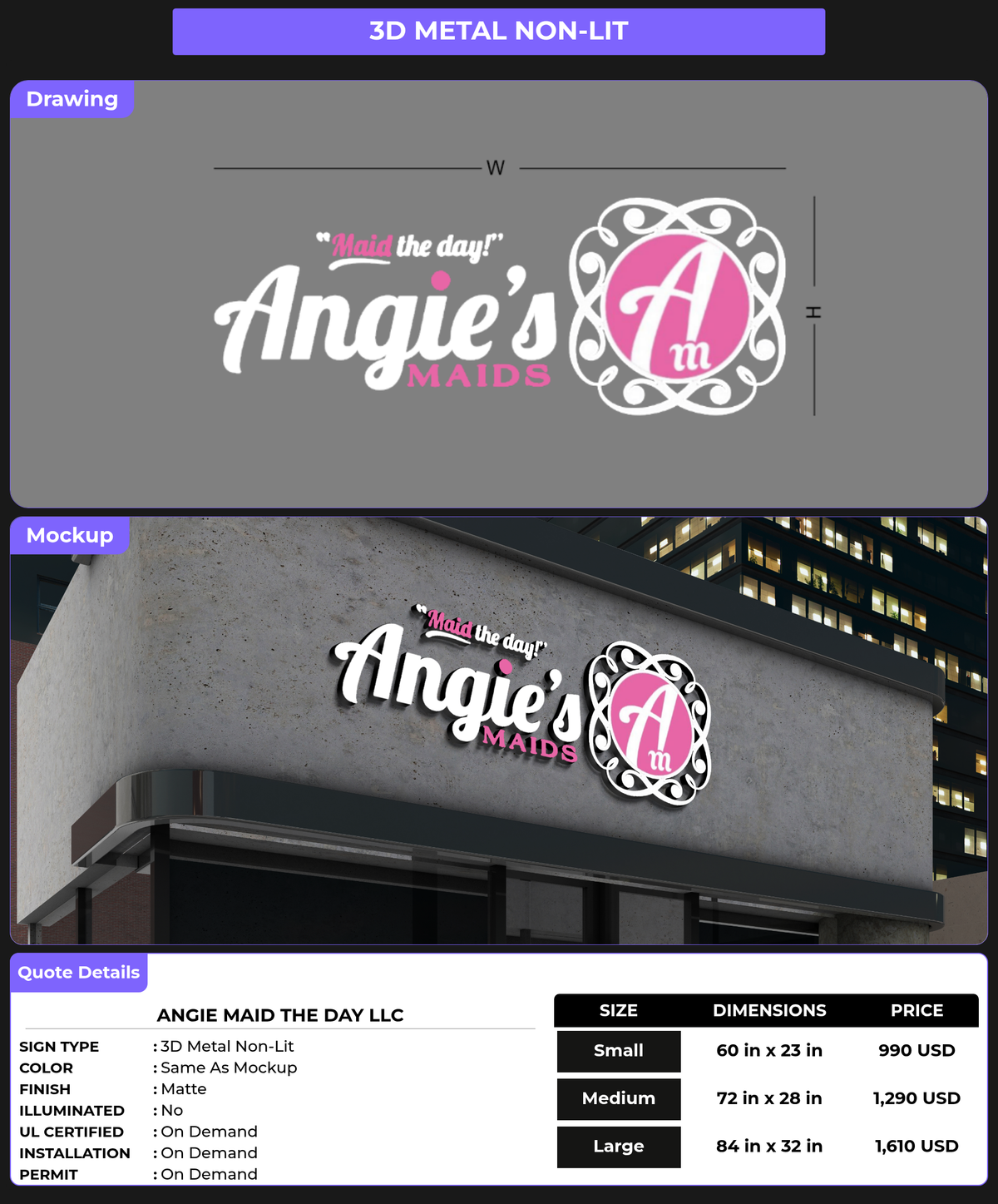 CUSTOM MOCKUP SIGN FOR Angie Maid the Day LLC