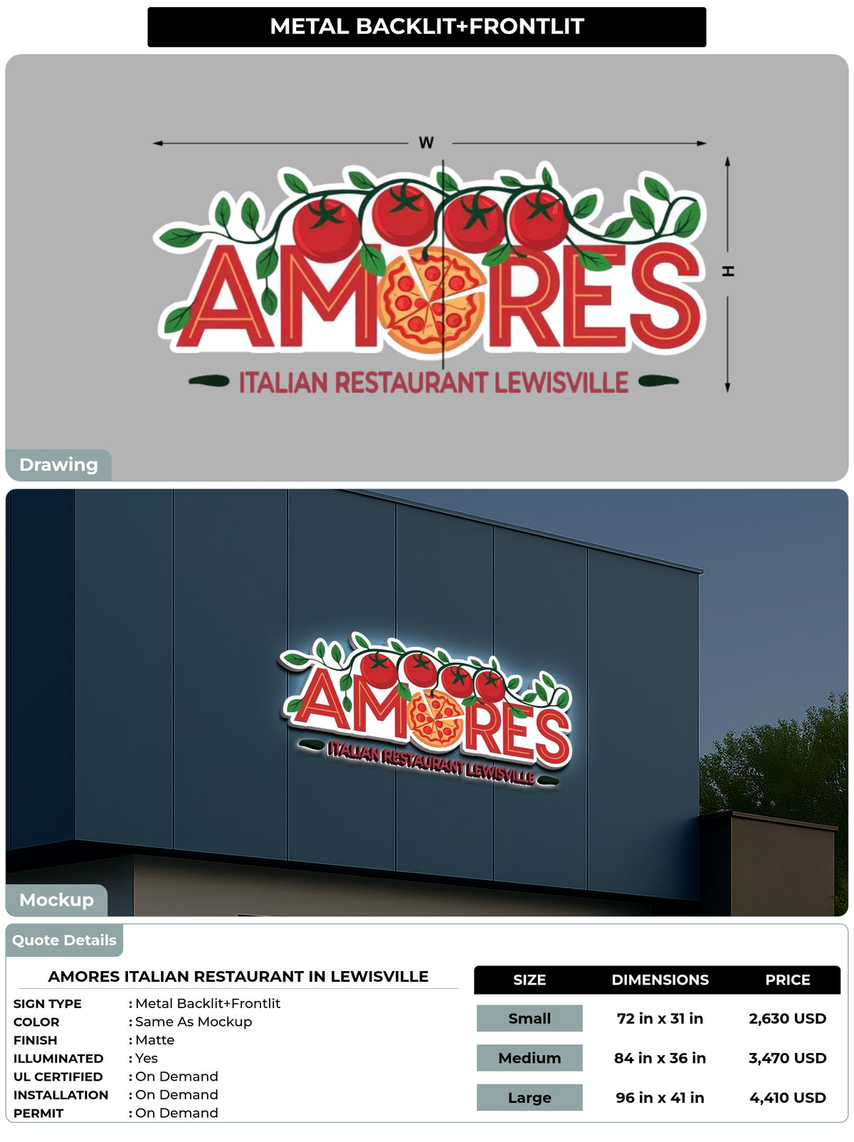 CUSTOM MOCKUP SIGN FOR Amores Italian Restaurant in Lewisville