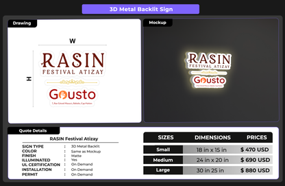 3D Metal Backlit Sign for RASIN Festival Atizay