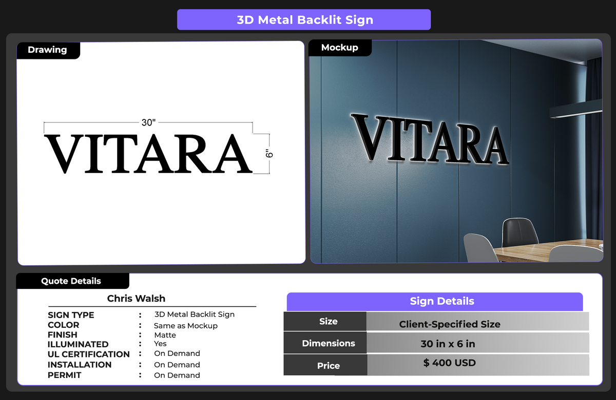 3D Metal BACKLIT sIGN for Chris Walsh