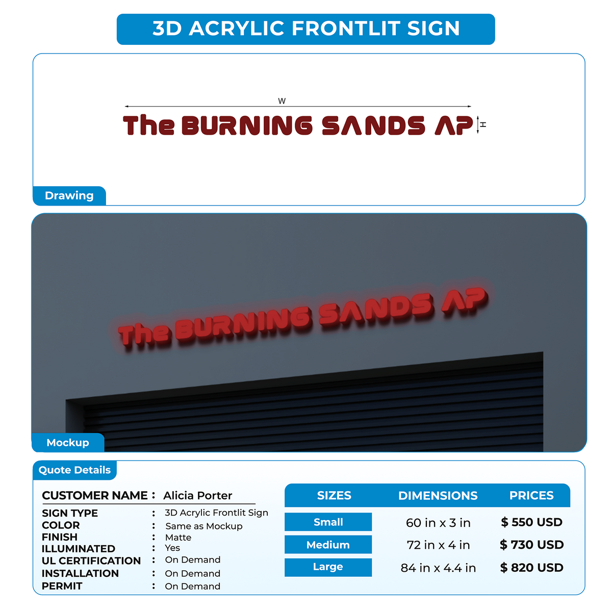 3D Acrylic Frontlit Sign for Alicia Porter
