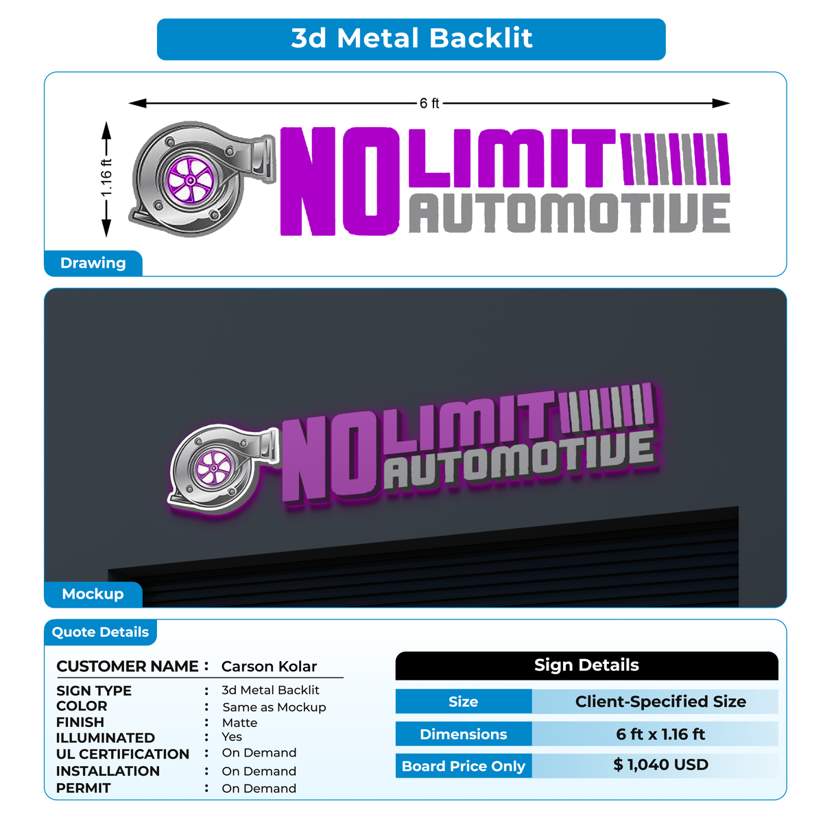 3d metal backlit for Carson Kolar