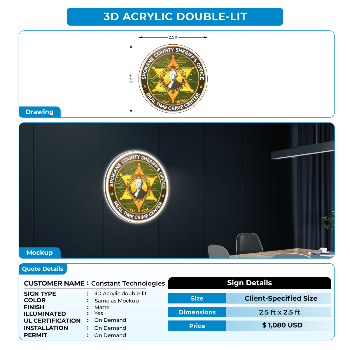 3d acrylic frontlit for Constant Technologies, Inc.