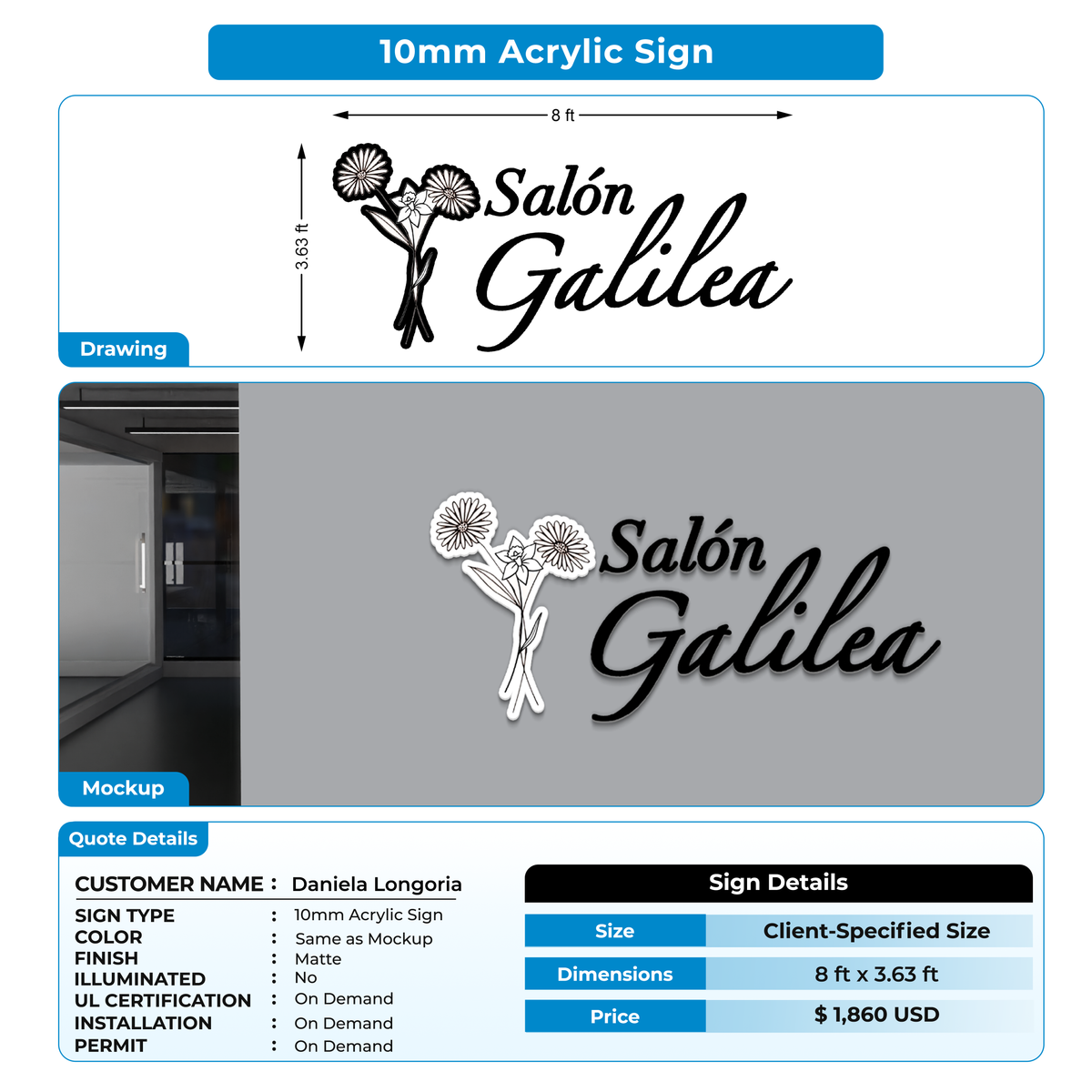 10mm acrylic sign Daniela Longoria