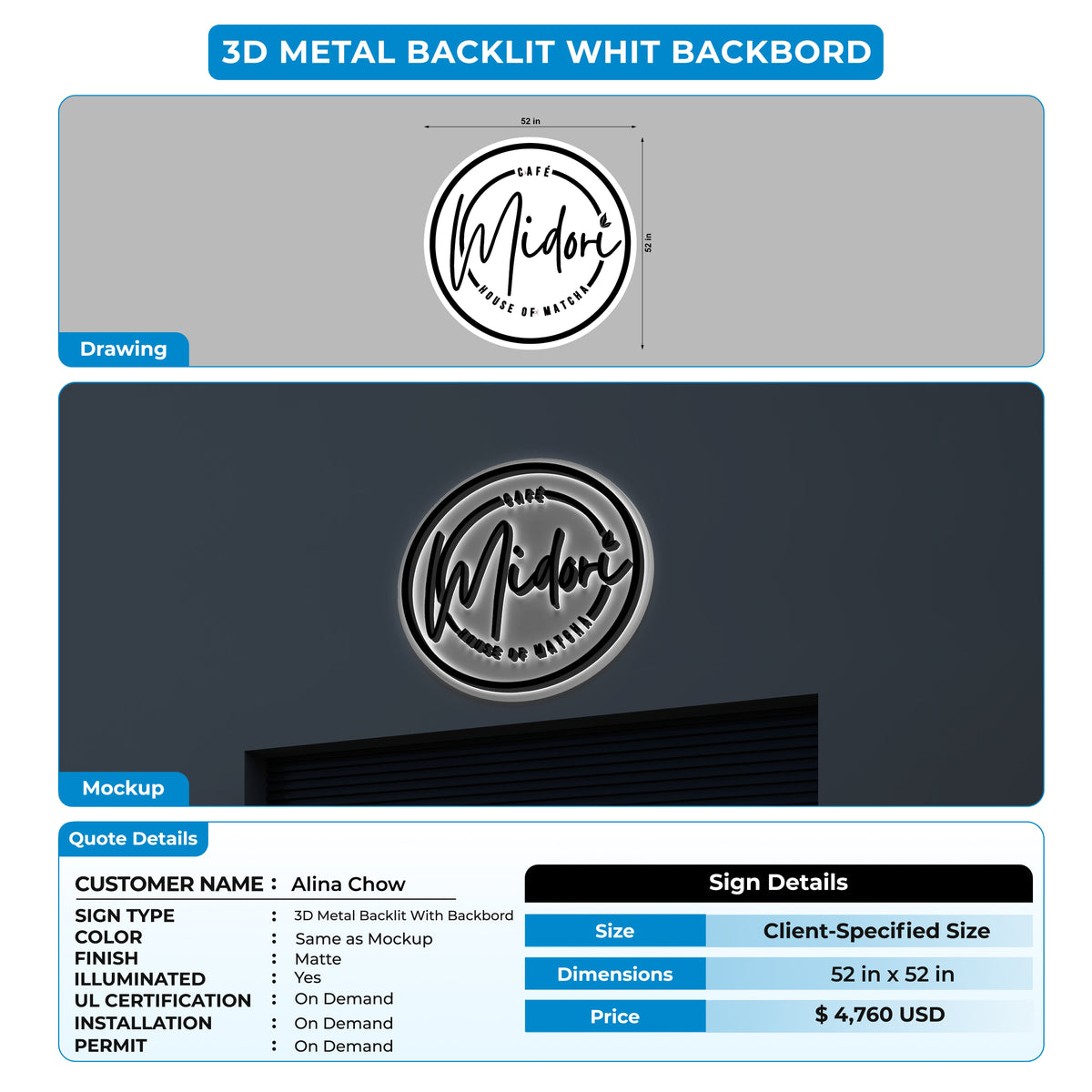 3d metal backlit sign With Board for Alina Chow