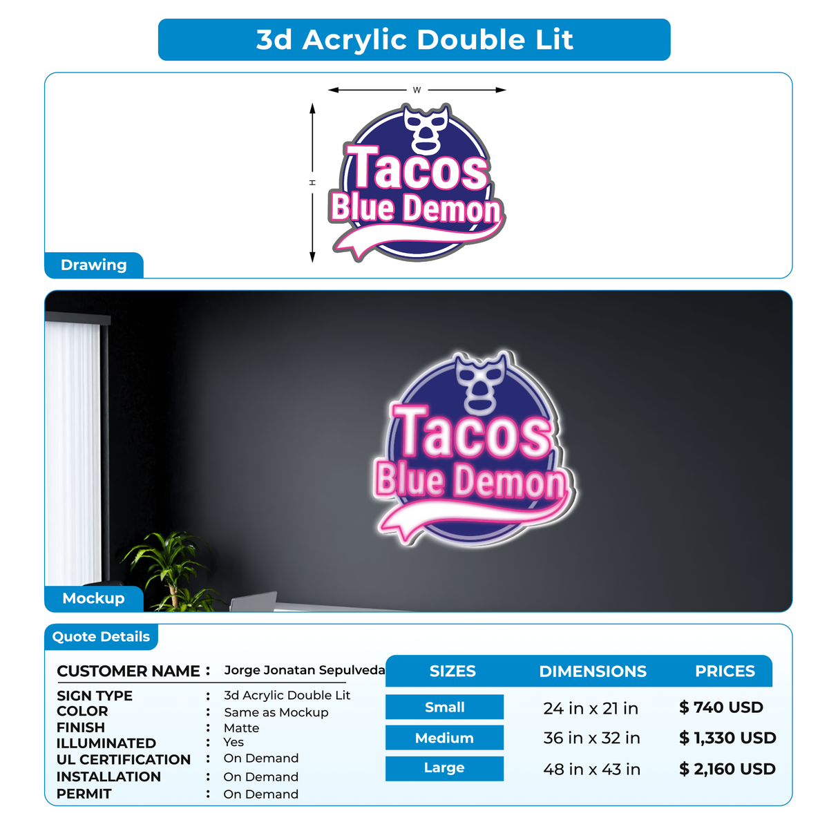 3D Acrylic Double-Lit Sign for Jorge Jonatan Sepulveda