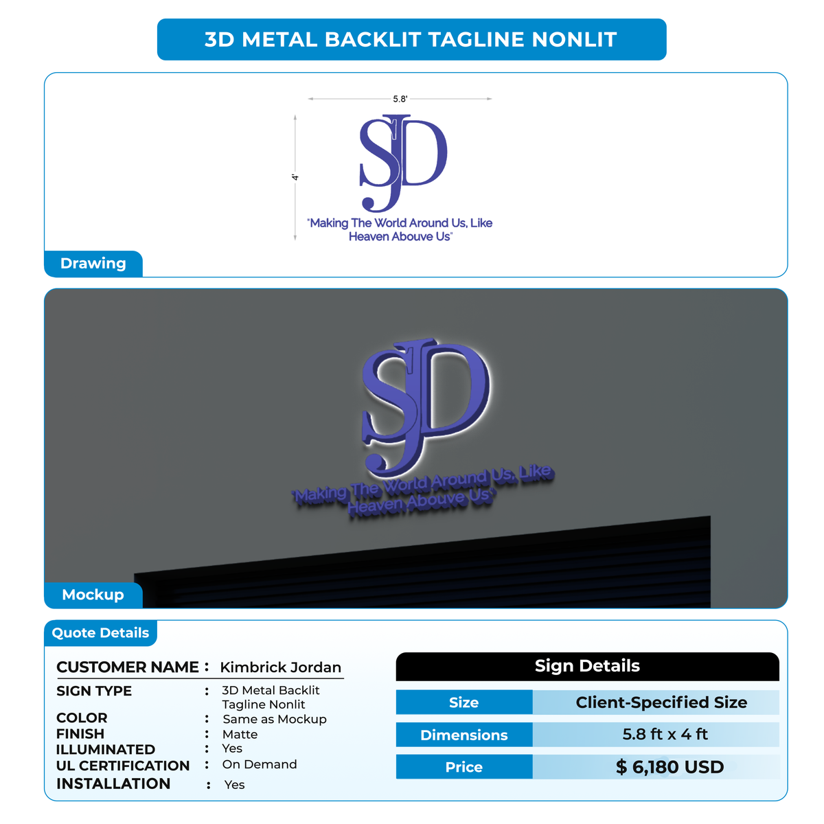 3D Metal Back-lit tagline nonlit For Kimbrick Jordan