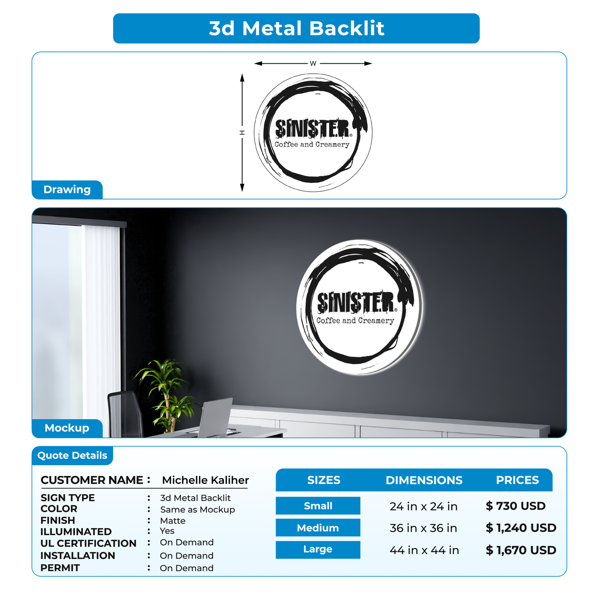 3d metal backlit for Michelle Kaliher