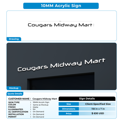 3D acrylic doublelit for Cougars Midway Mart