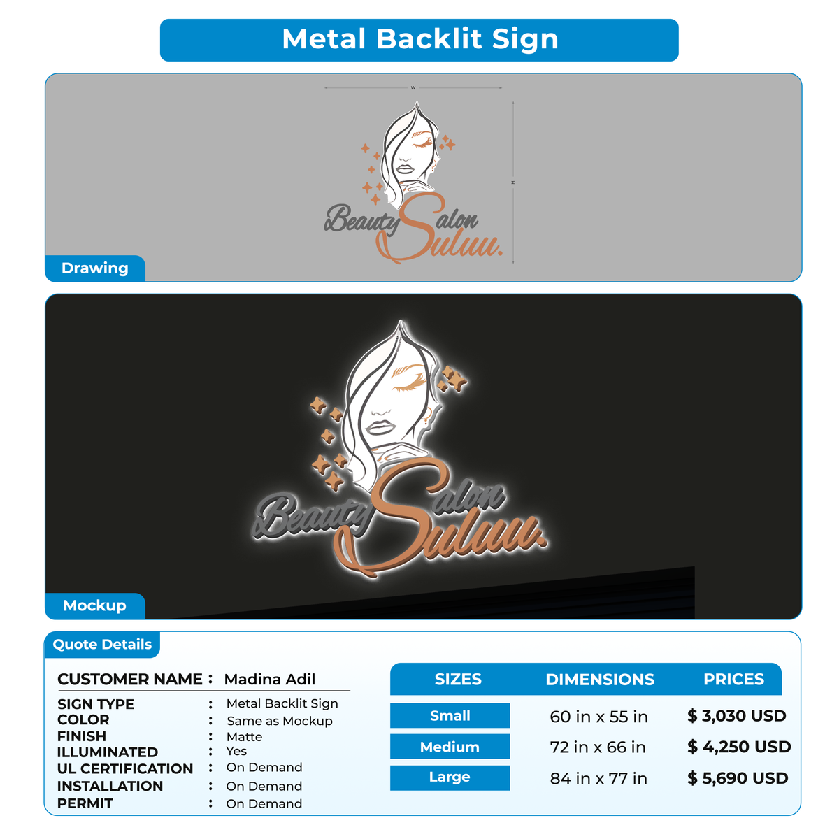Business signage for Madina Adil