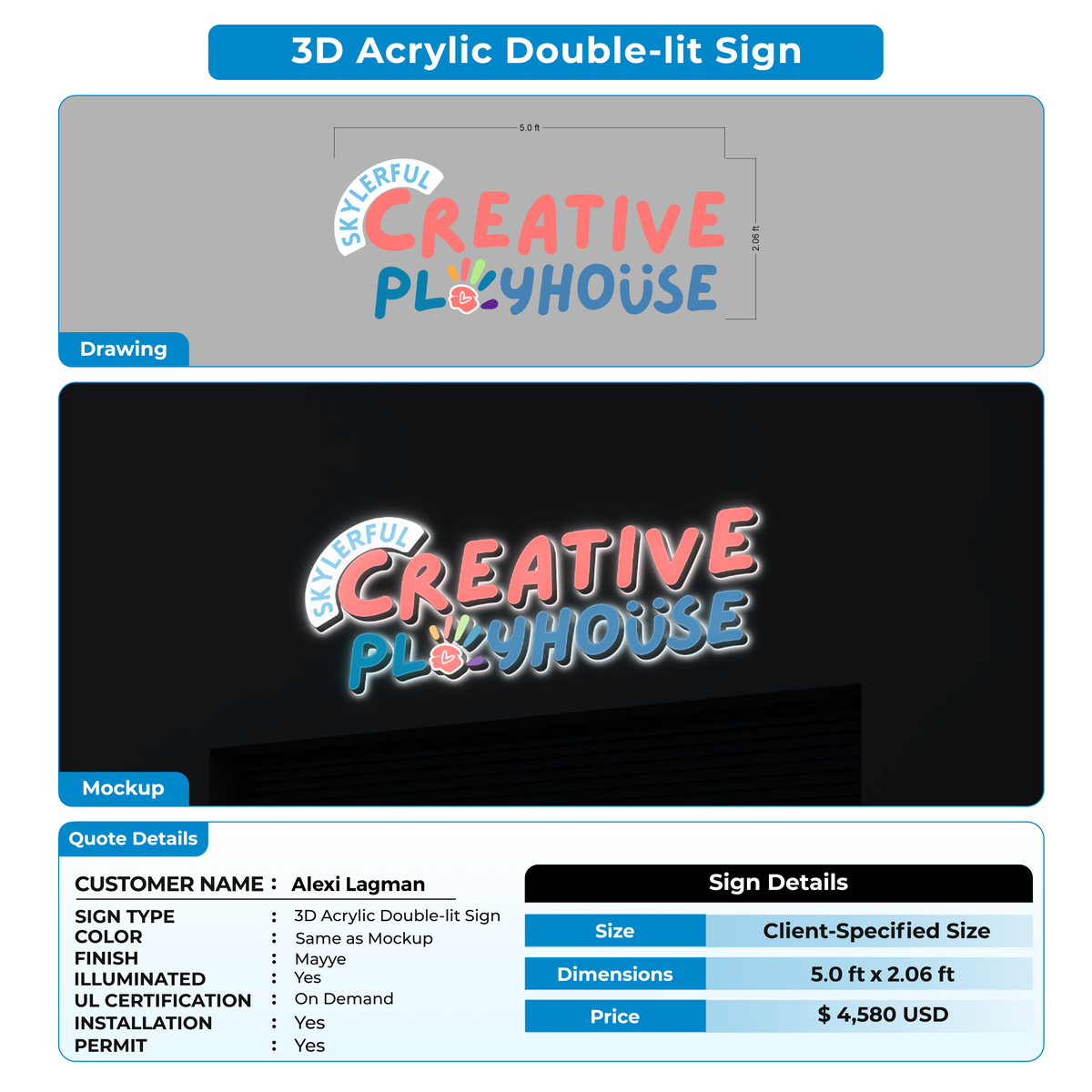 3D Acrylic Double-Lit Sign For Alexi Lagman - Partial Payment Link