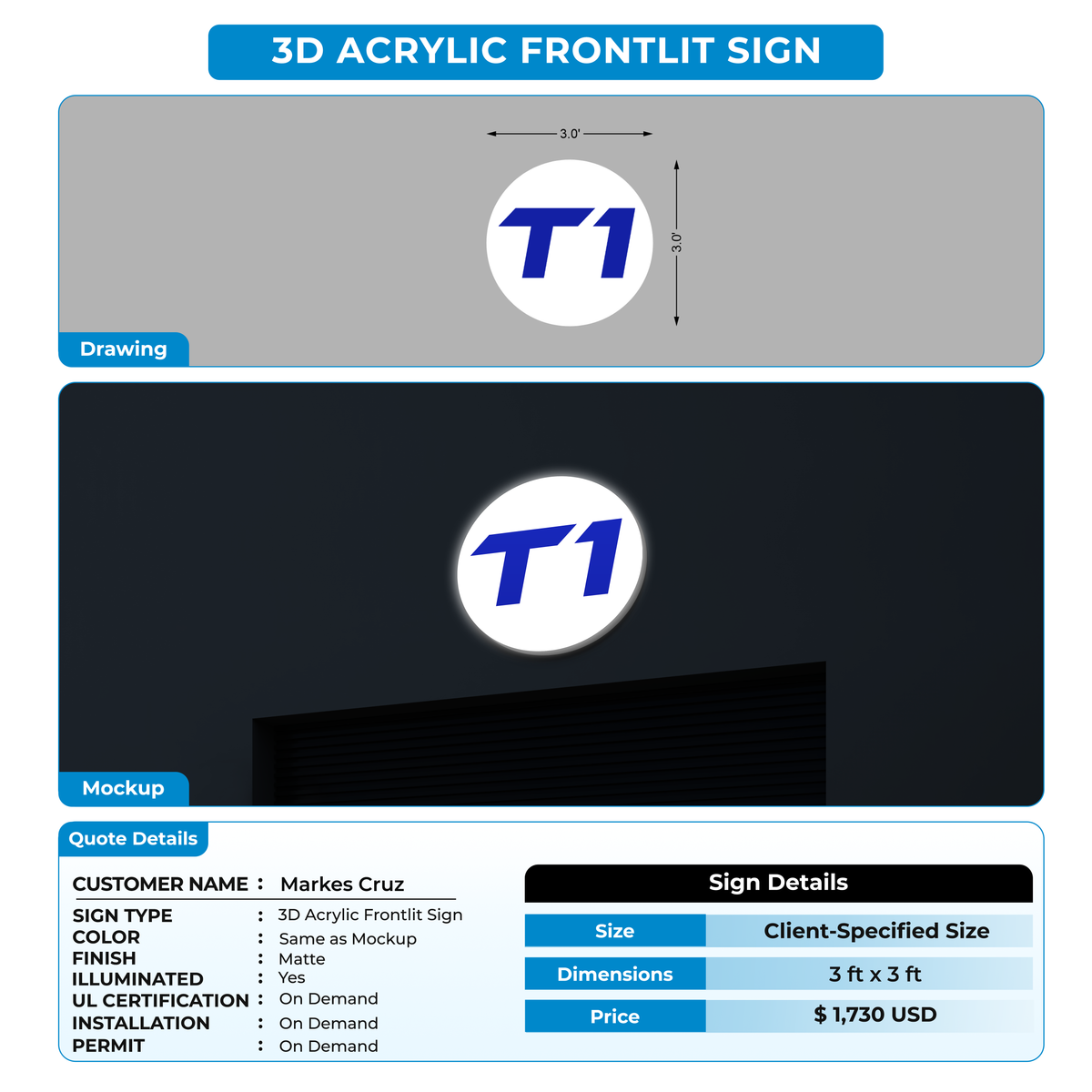 3D Acrylic Front-lit Sign For Markes Cruz