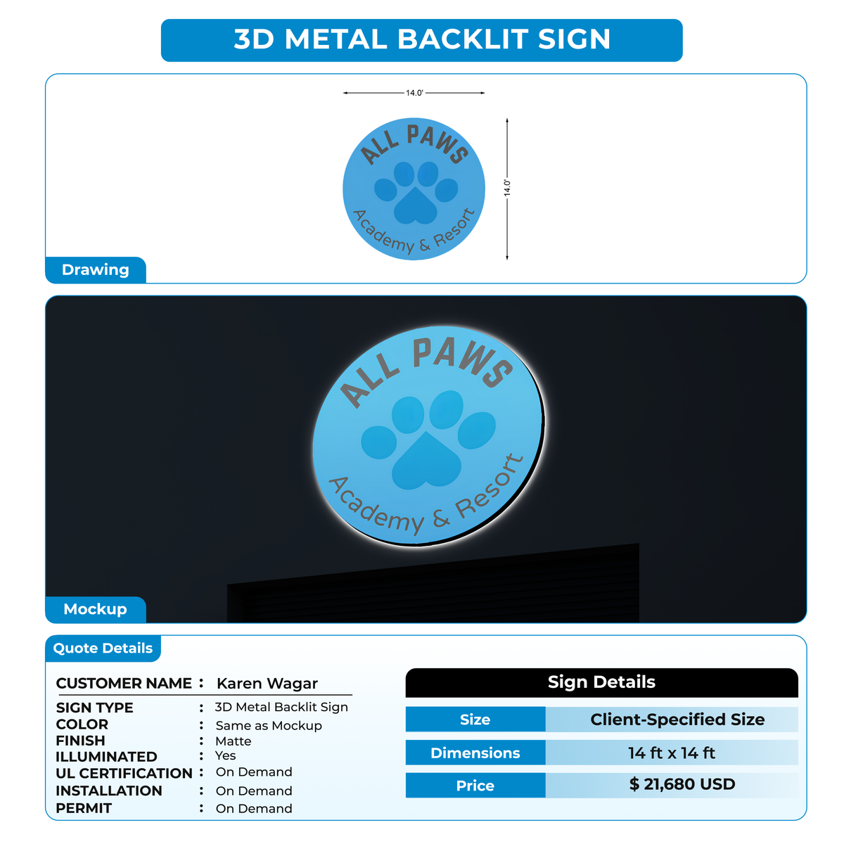 Metal Backlit Sign for Karen Wagar