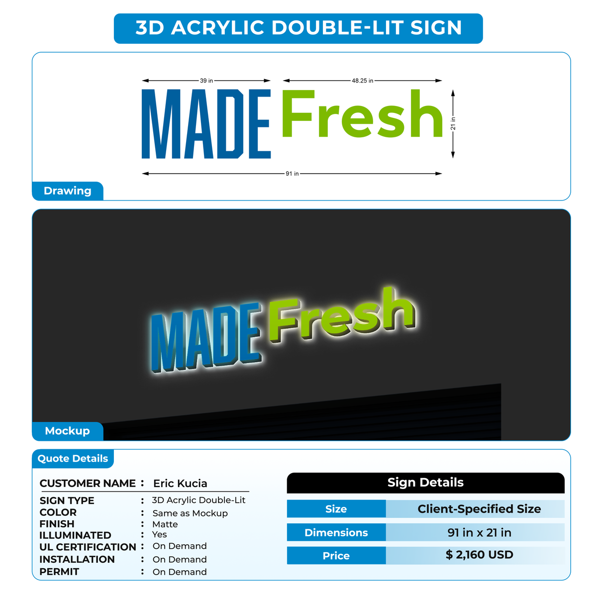 3d acrylic doublelit signs for Eric Kucia