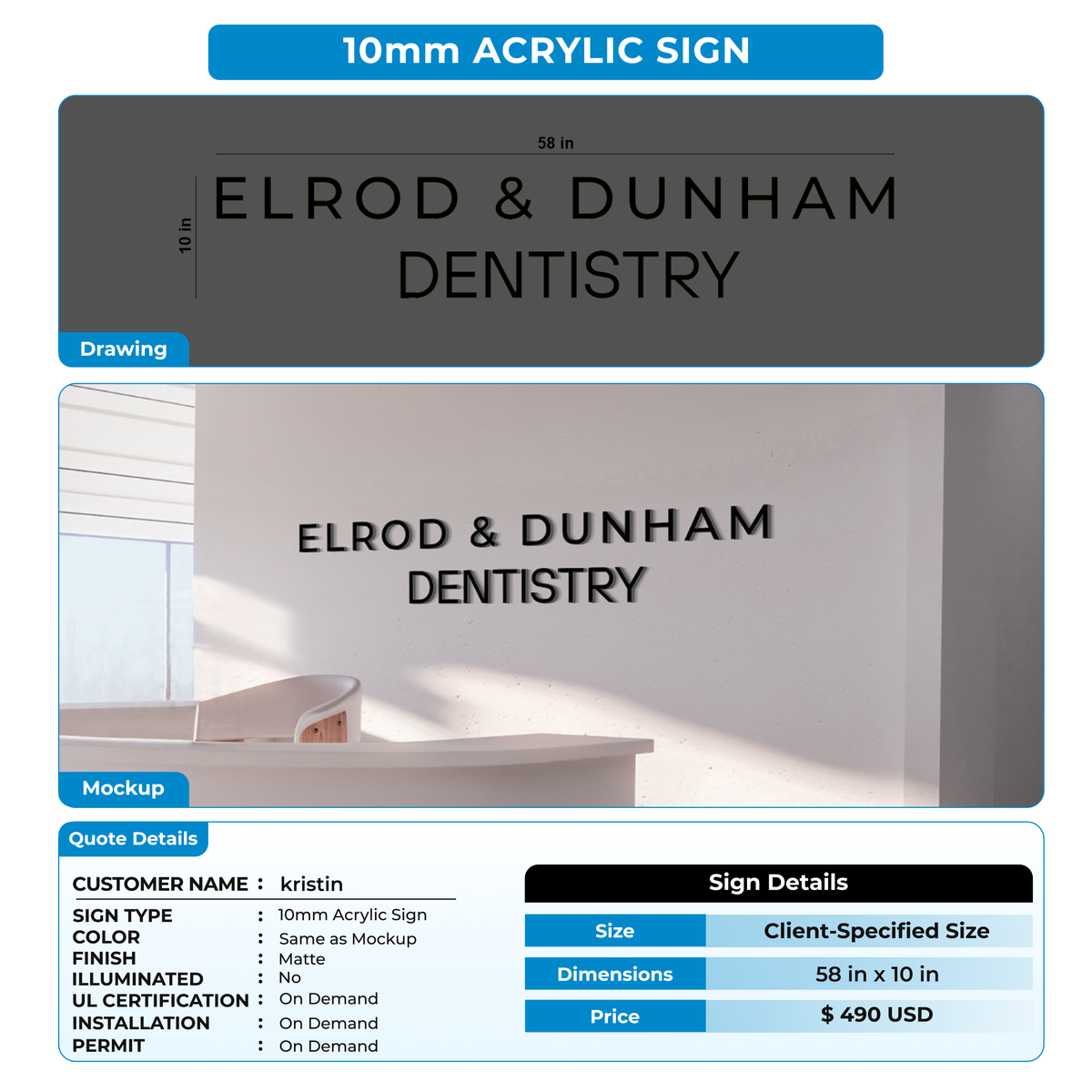 10mm acrylic sign for kristin