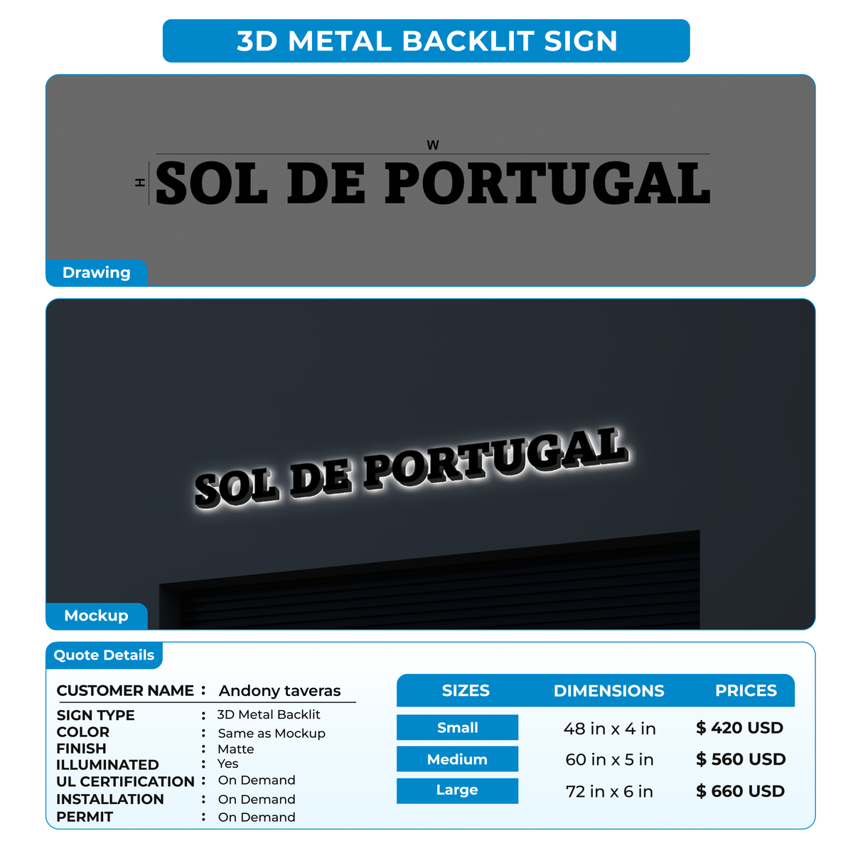 3D Metal Backlit Sign for Andony taveras