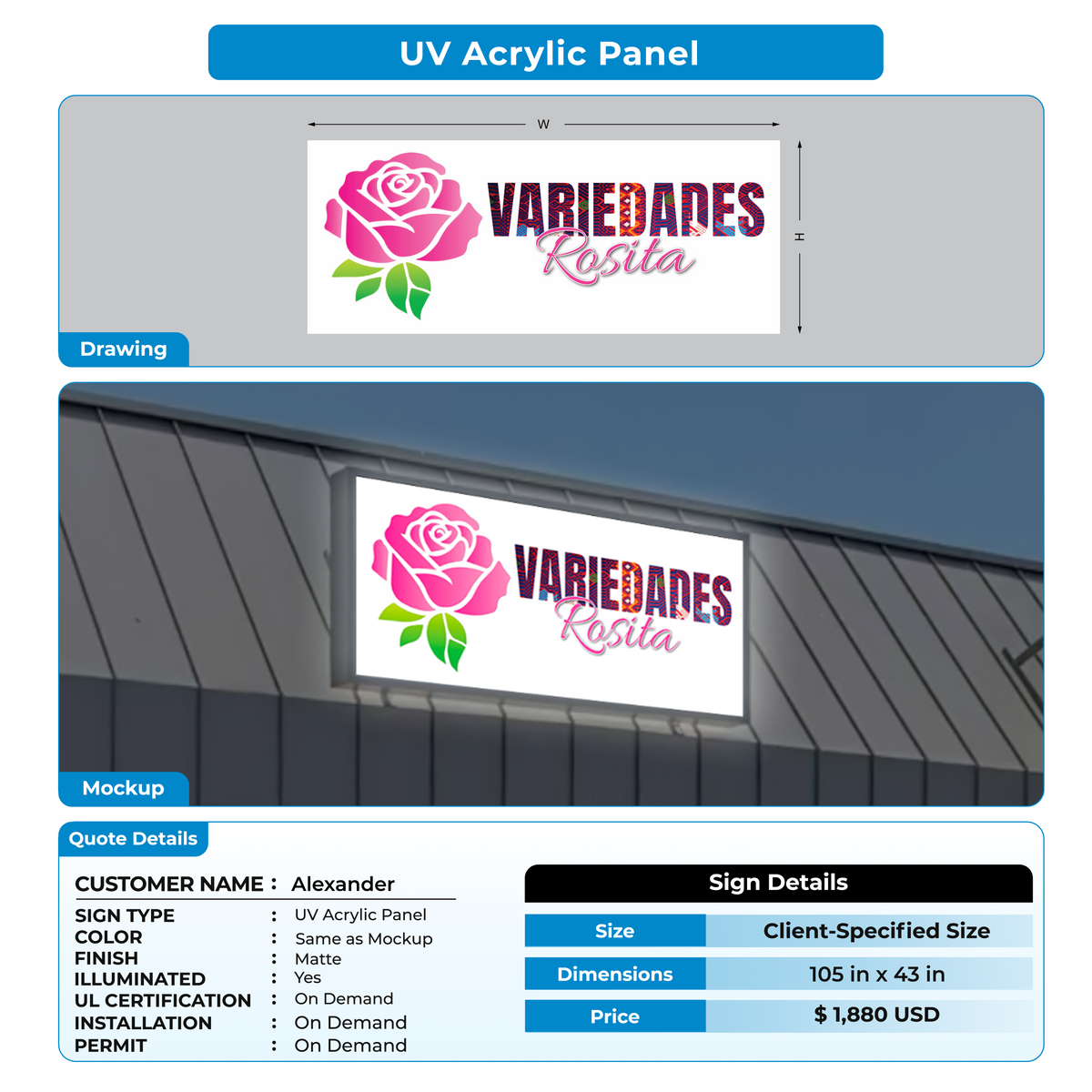 UV acrylic sign for Alexander