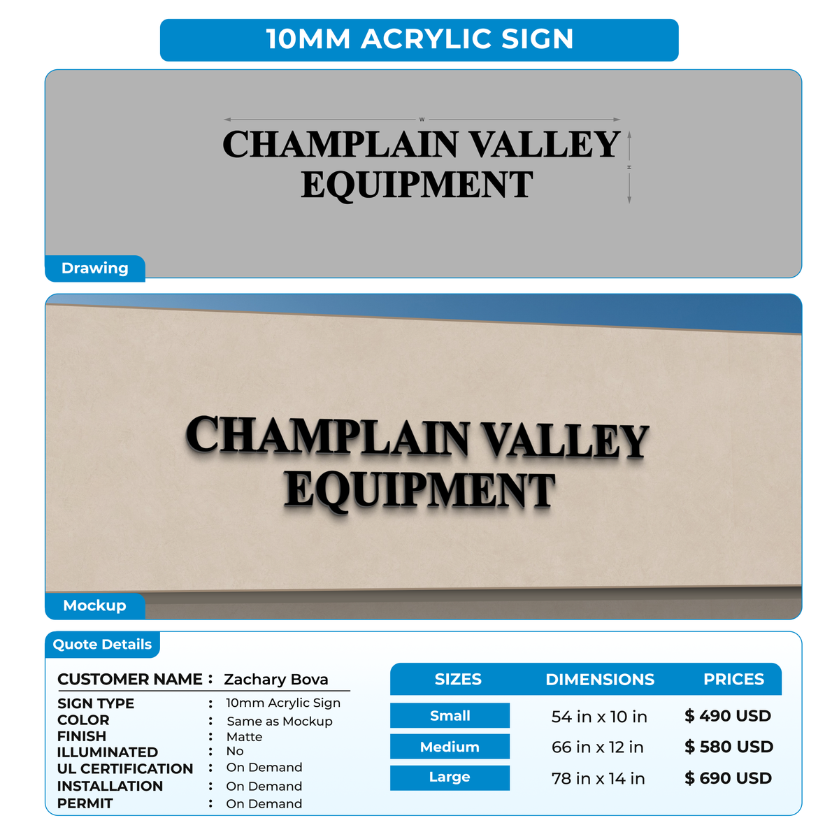 10mm Acrylic Sign For Zachary Bova