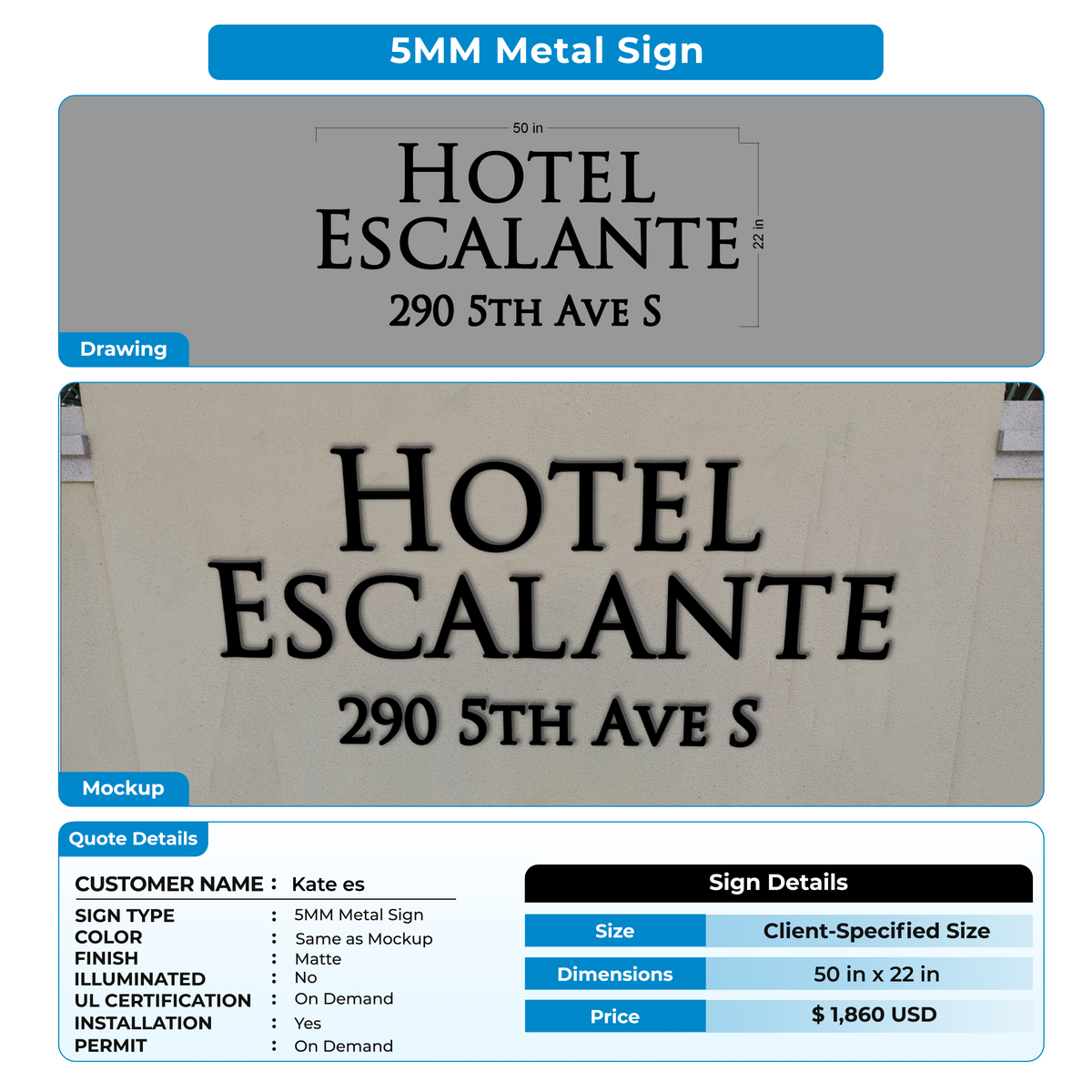 5MM Metal Sign For Kate es