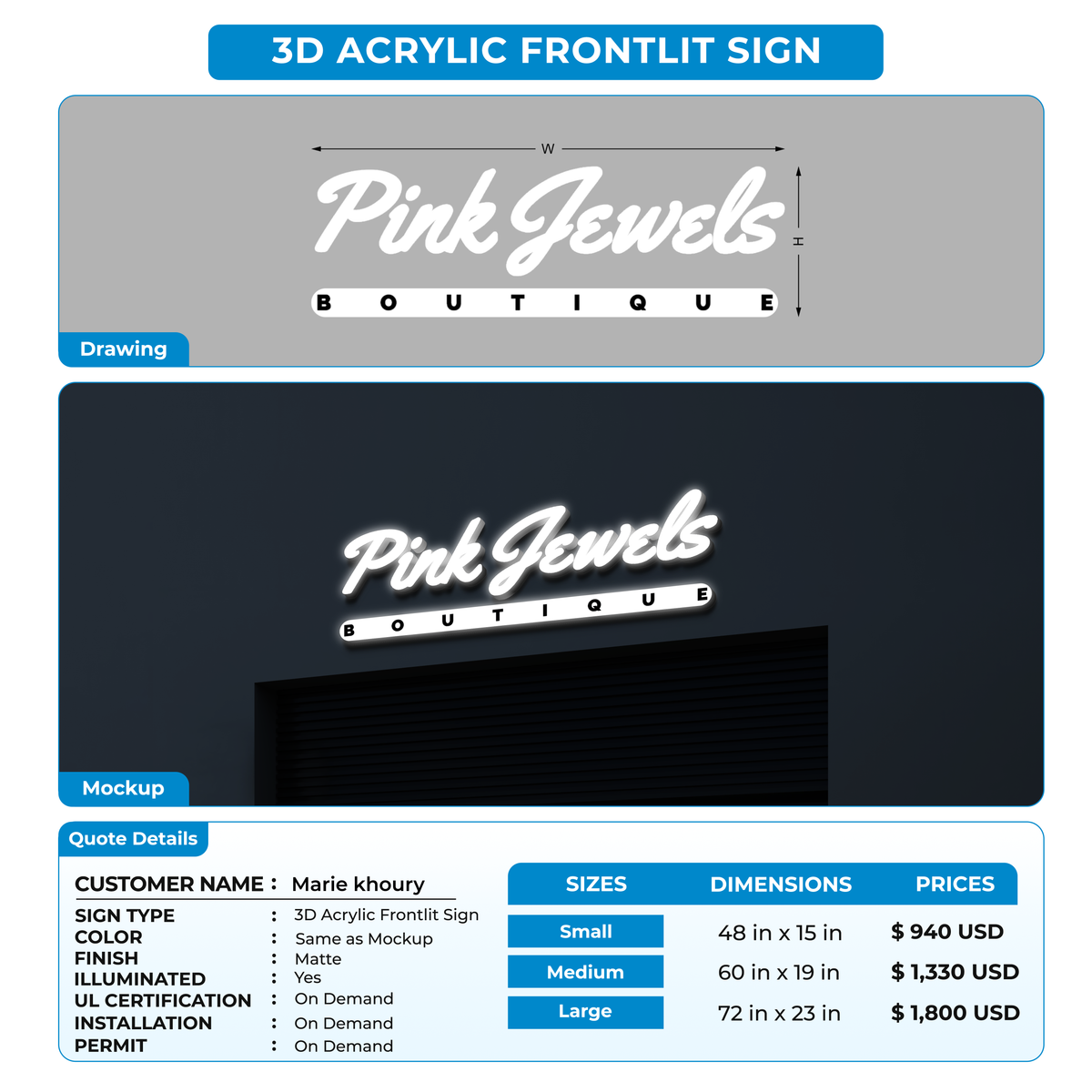 3d acrylic frontlit for Marie khoury