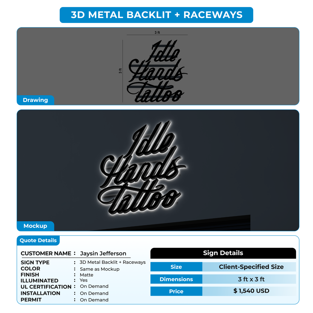 3d metal backlit with raceways for Jaysin Jefferson