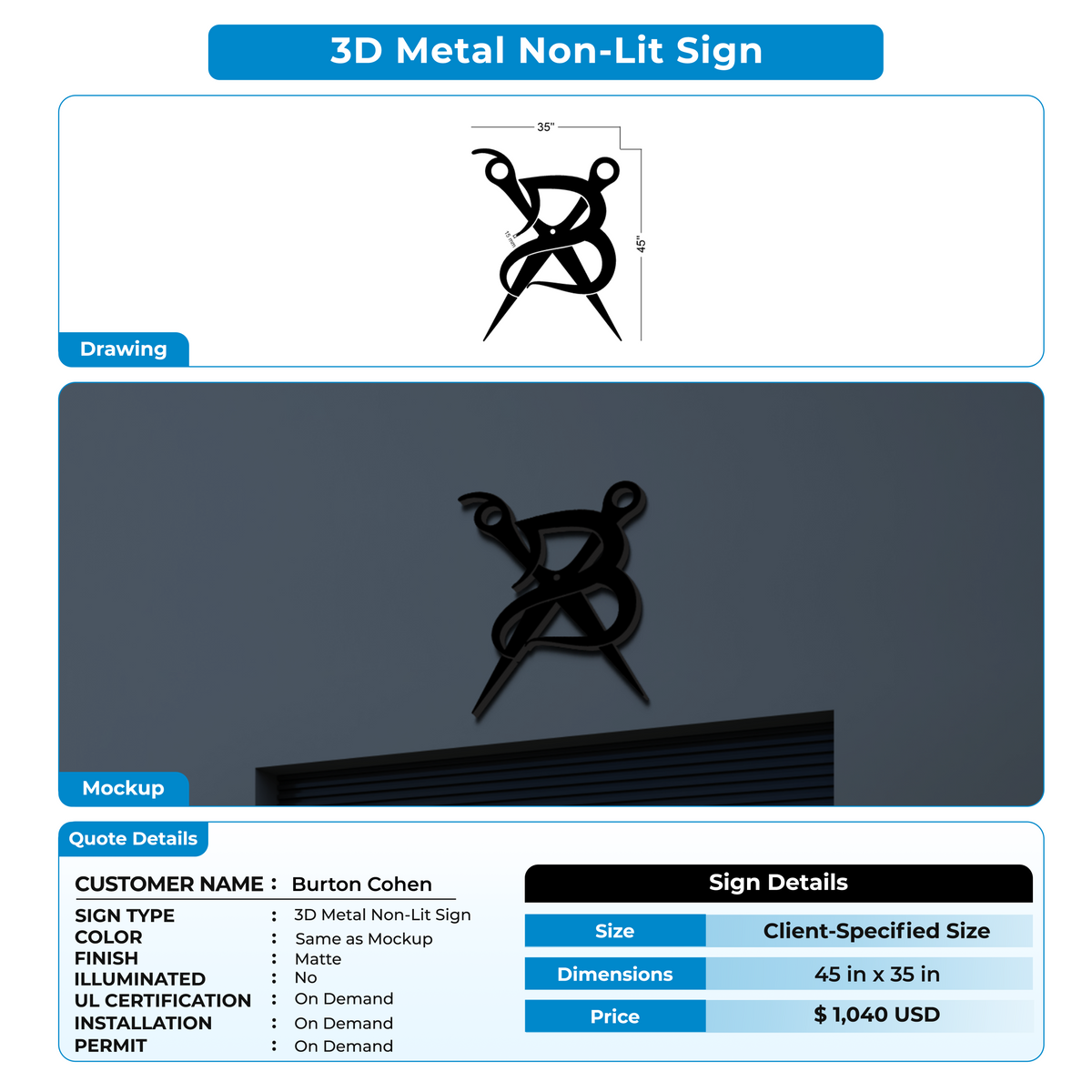 3D Metal Non-Lit Sign For Burton Cohen