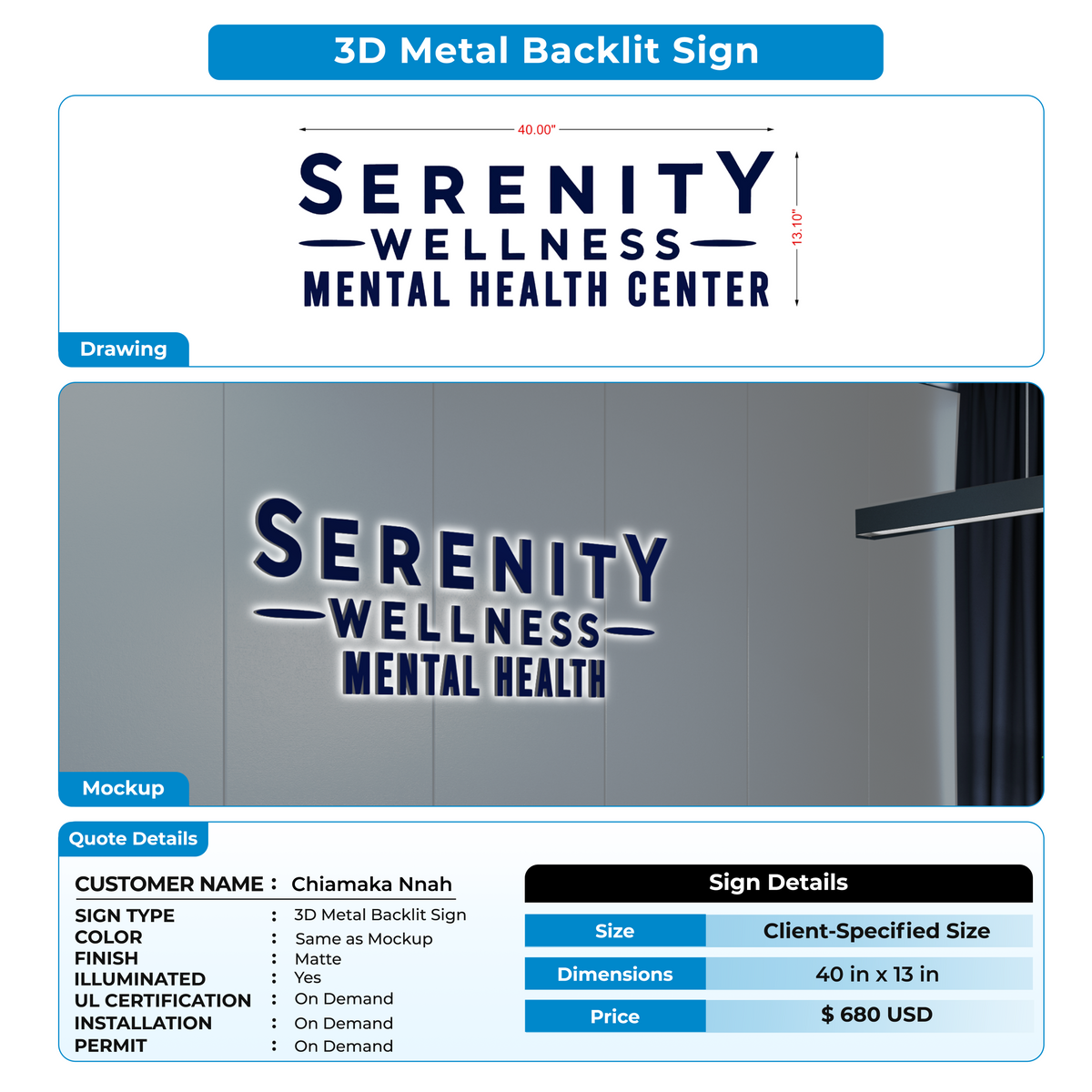 3d metal backlit for Chiamaka Nnah