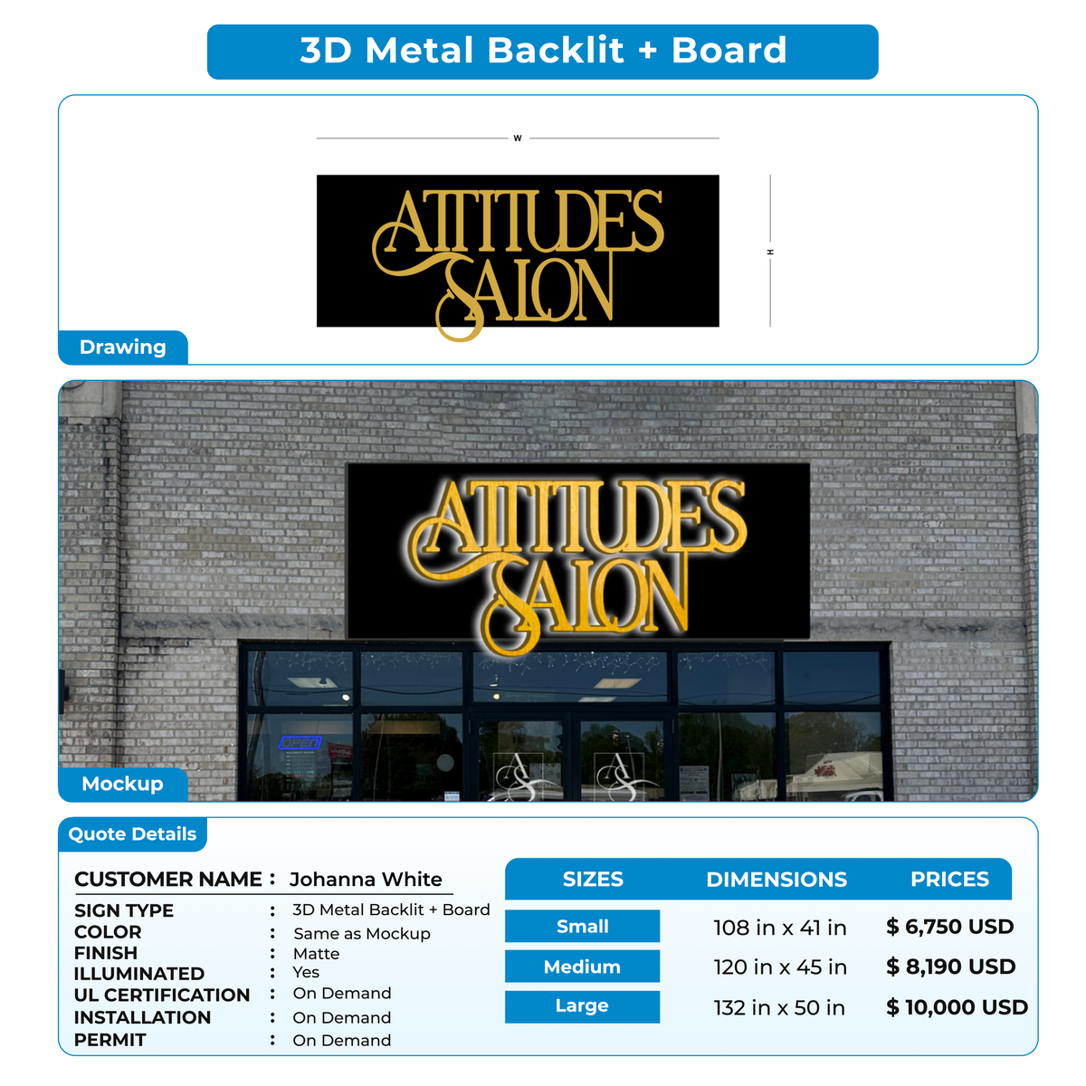 3d metal backlit with backboard for Johanna White