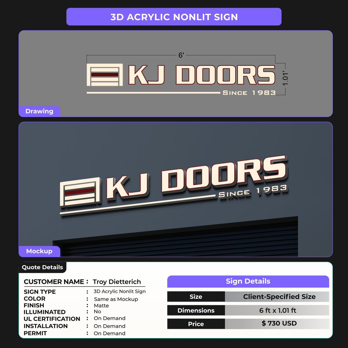 3D Acrylic Nonlit Sign for Troy Dietterich