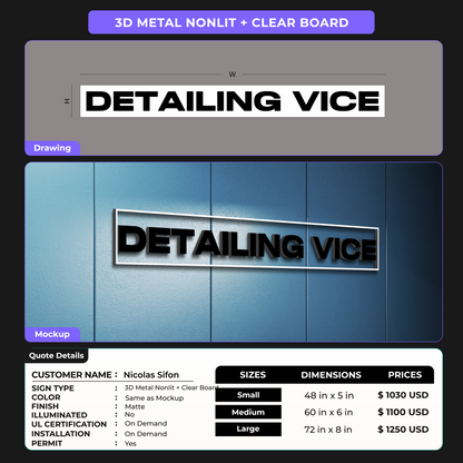 3D METAL NONLIT +CLEAR BOARD SIGN FOR Nicolas Sifon