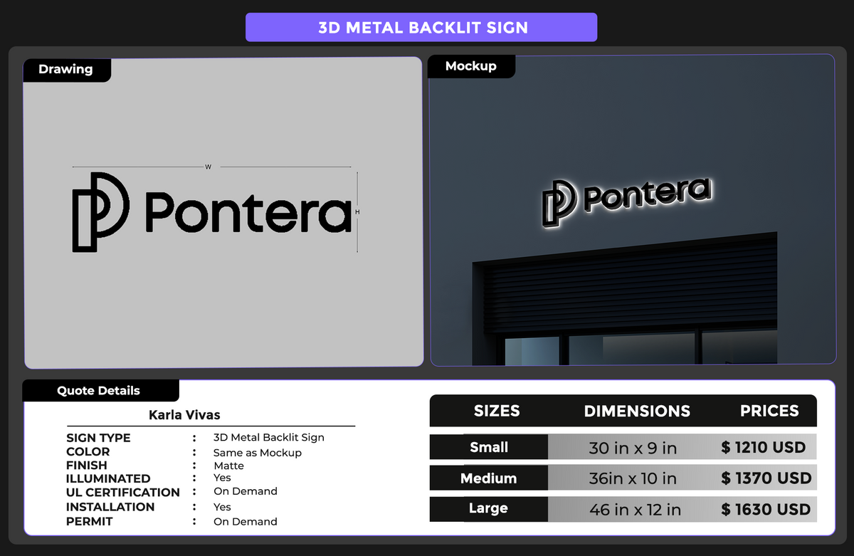 3d metal backlit sign for Karla Vivas