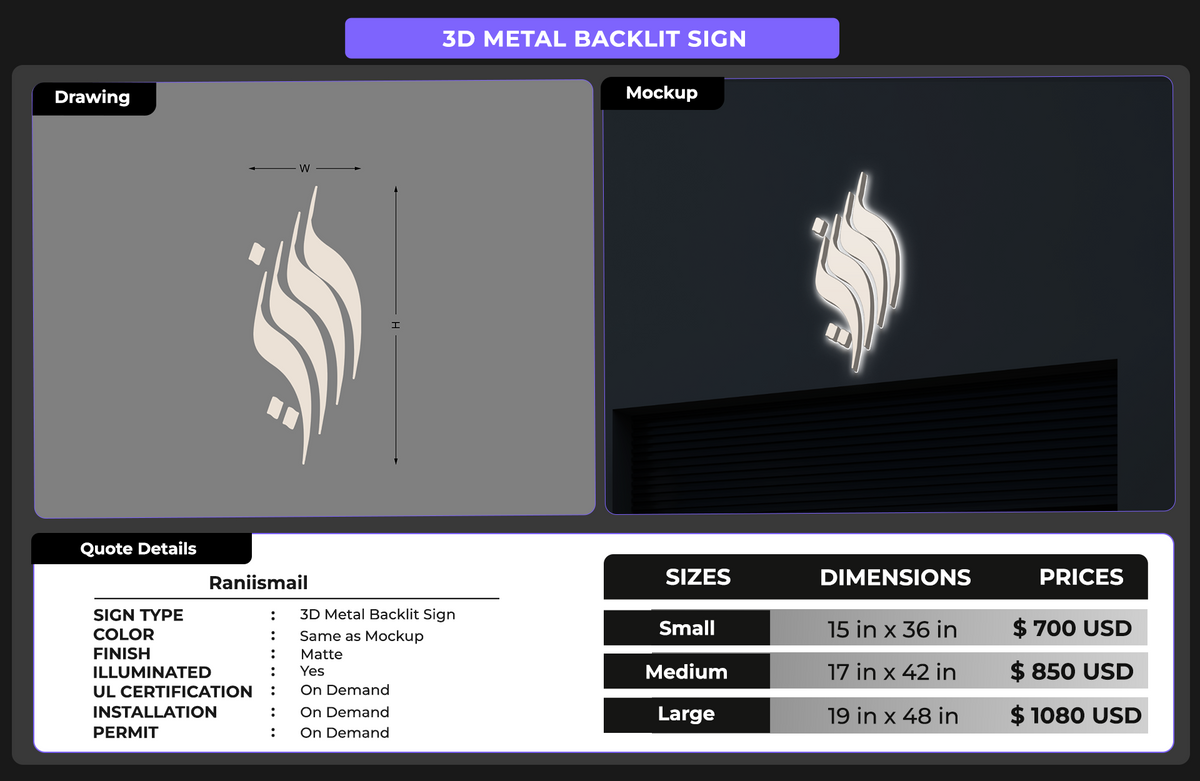 3d metal backlit sign for Raniismail